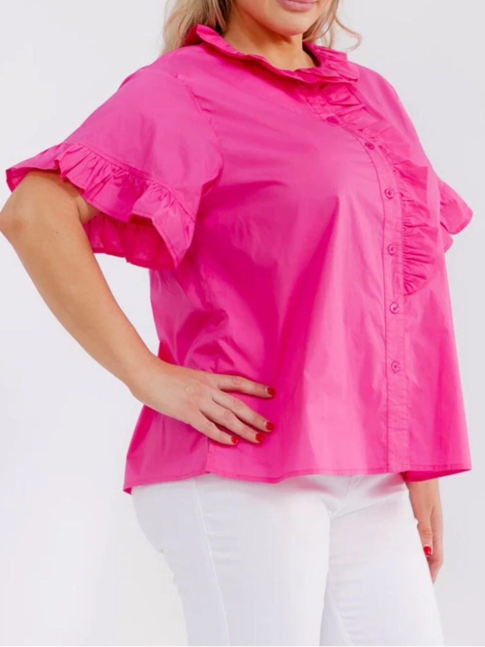 Plus Cotton Ruffle Button Down Fuchsia Pink Short Sleeve Spring/Summer Top